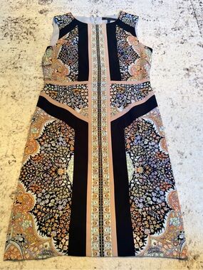 BCBGMaxAzria Black and Peach Paisley Panel Midi Dress